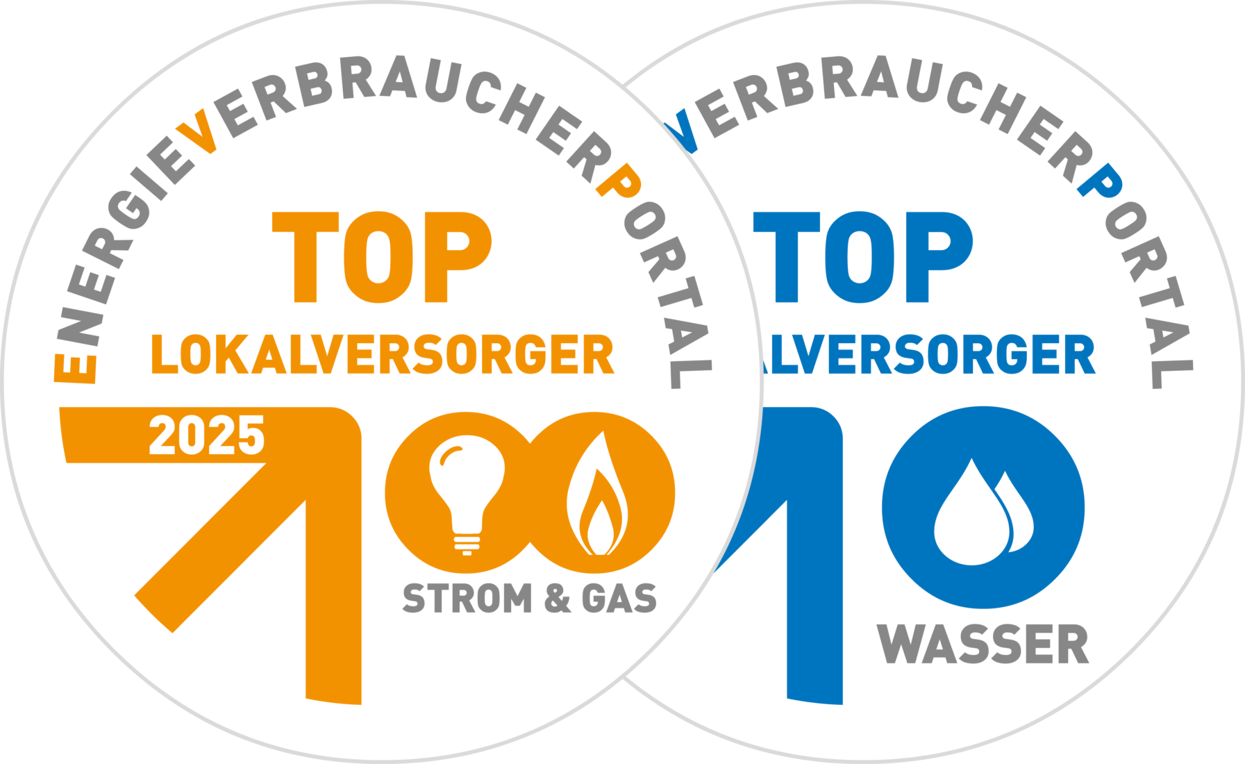 Doppelsiegel, ein Siegel mit Top Lokalversorger für Strom & Gas und ein Siegel mit Top Lokalversorger für Wasser