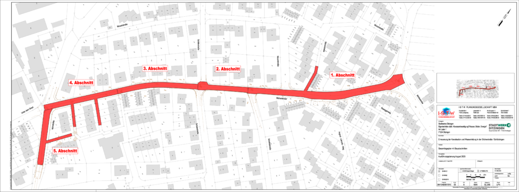 Übersichtsplan der Bauarbeiten in Ditzingen-Schöckingen: Die Silcherstraße und angrenzende Bereiche der Waldstraße sind in fünf Bauabschnitte unterteilt (Abschnitt 1 bis 5). Markiert ist der Verlauf der Maßnahme zur Erneuerung von Kanalisation und Wasserleitung entlang der Straßen.